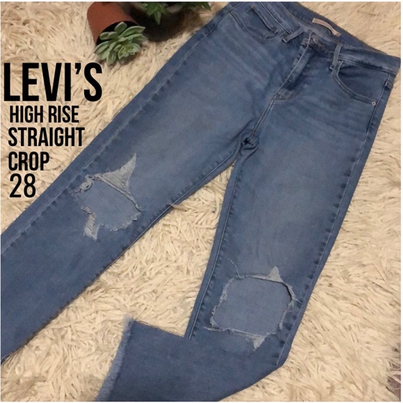 Levi’s 724 High Rise Straight Crop-Sz 28-Med Wash-Distressed Knee-Raw Edge Cuff - Picture 1 of 15